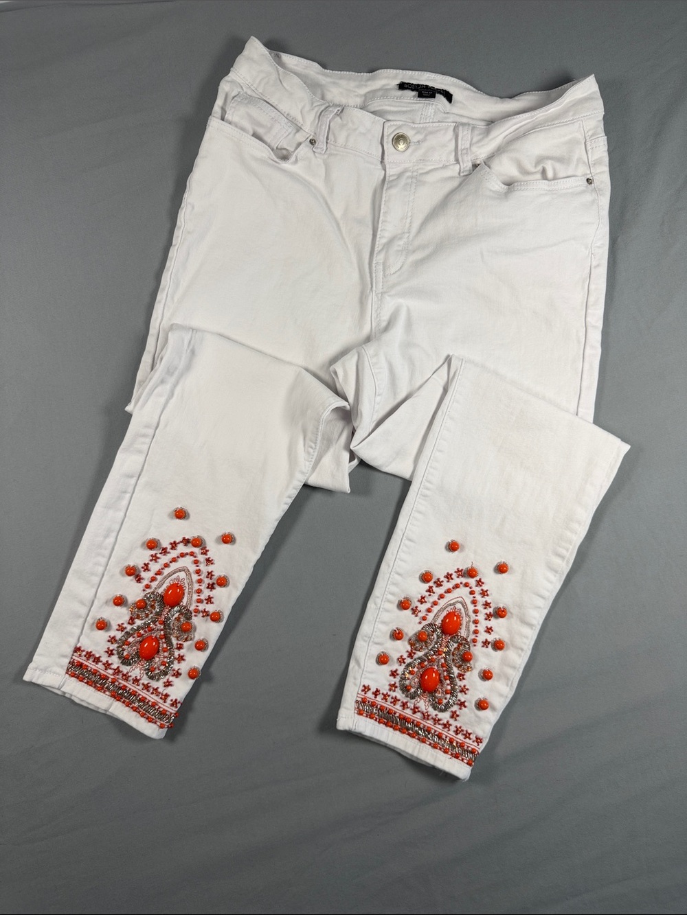 Boston Proper White Beaded Orange Stone Embellished Stretch Ankle Jeans Size 12